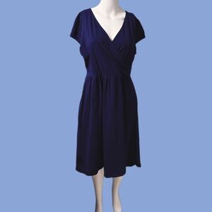 Navy Wrap-Style Midi Dress with V-Neck